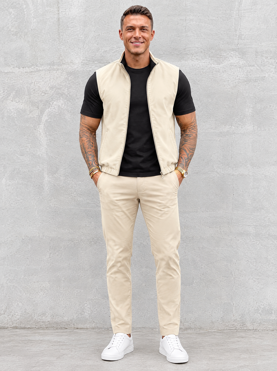 Massimo Gilet Set with T-Shirt - Black Top & Beige Pants