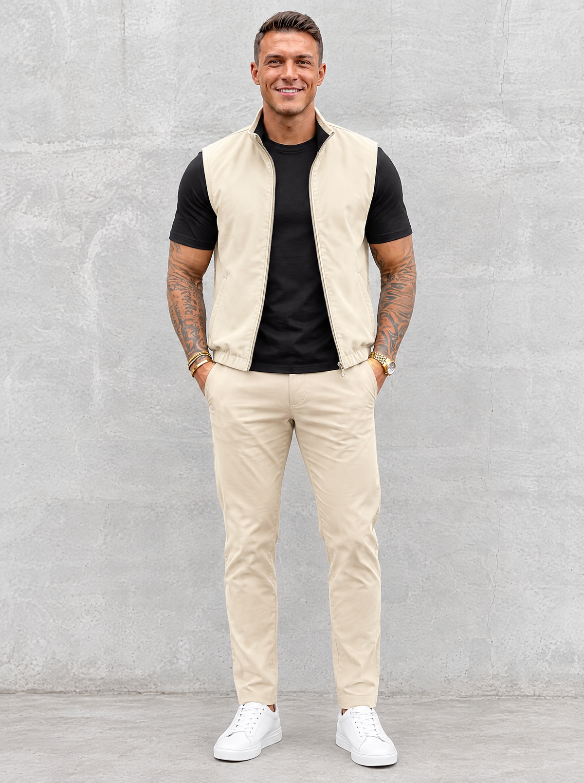Massimo Gilet Set with T-Shirt - Black Top & Beige Pants