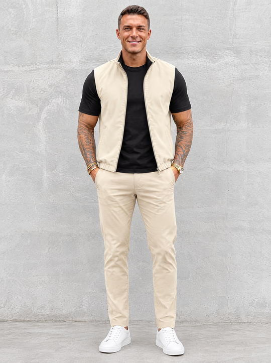Massimo Gilet Set with T-Shirt - Black Top & Beige Pants