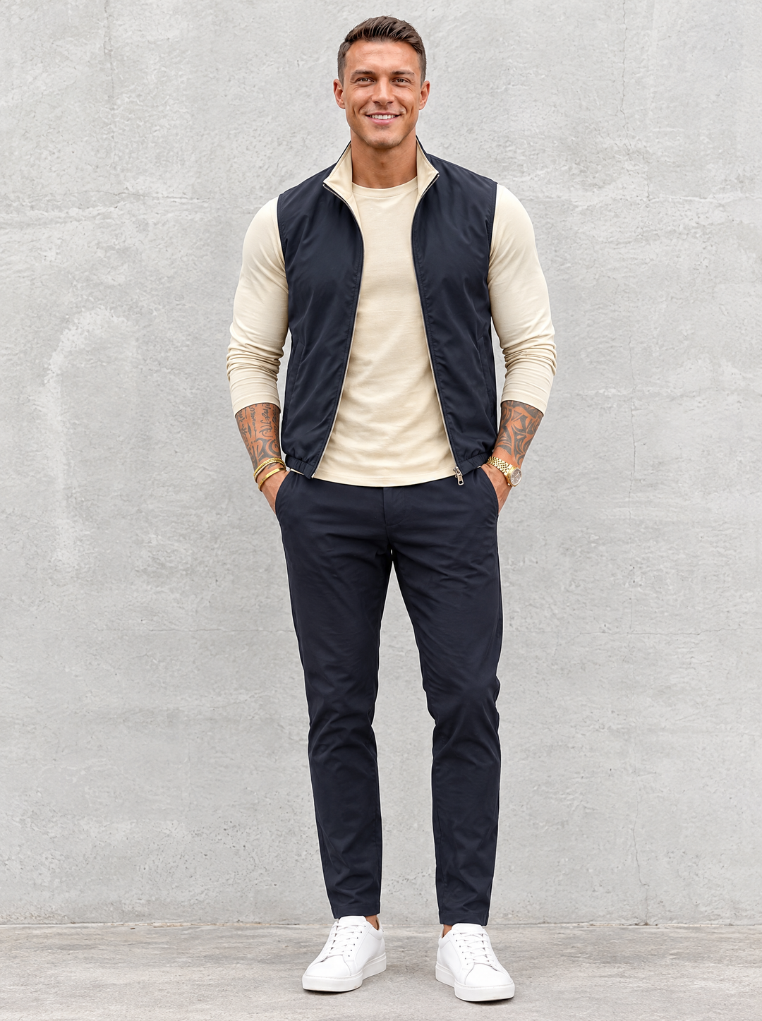 Massimo Gilet Set with Long Sleeve - Beige Top & Navy Blue Pants