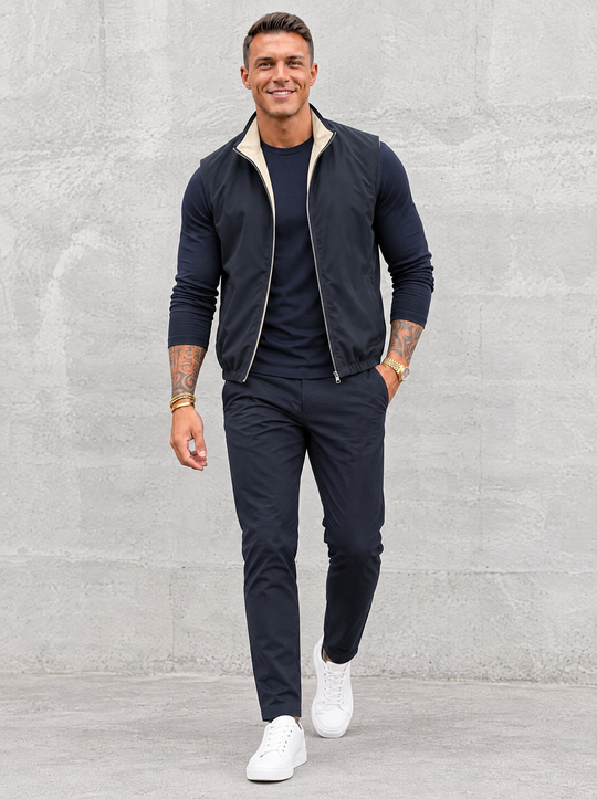 Massimo Gilet Set with Long Sleeve - Navy Blue Top & Navy Blue Pants