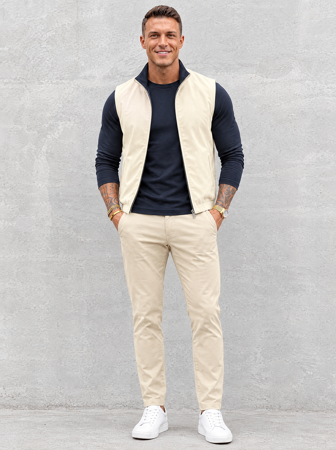 Massimo Gilet Set with Long Sleeve - Navy Blue Top & Beige Pants