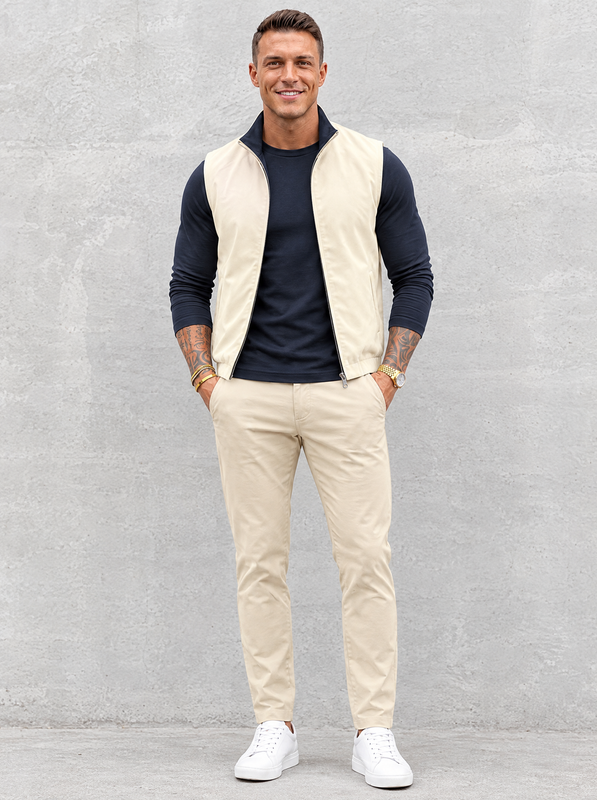 Massimo Gilet Set with Long Sleeve - Navy Blue Top & Beige Pants