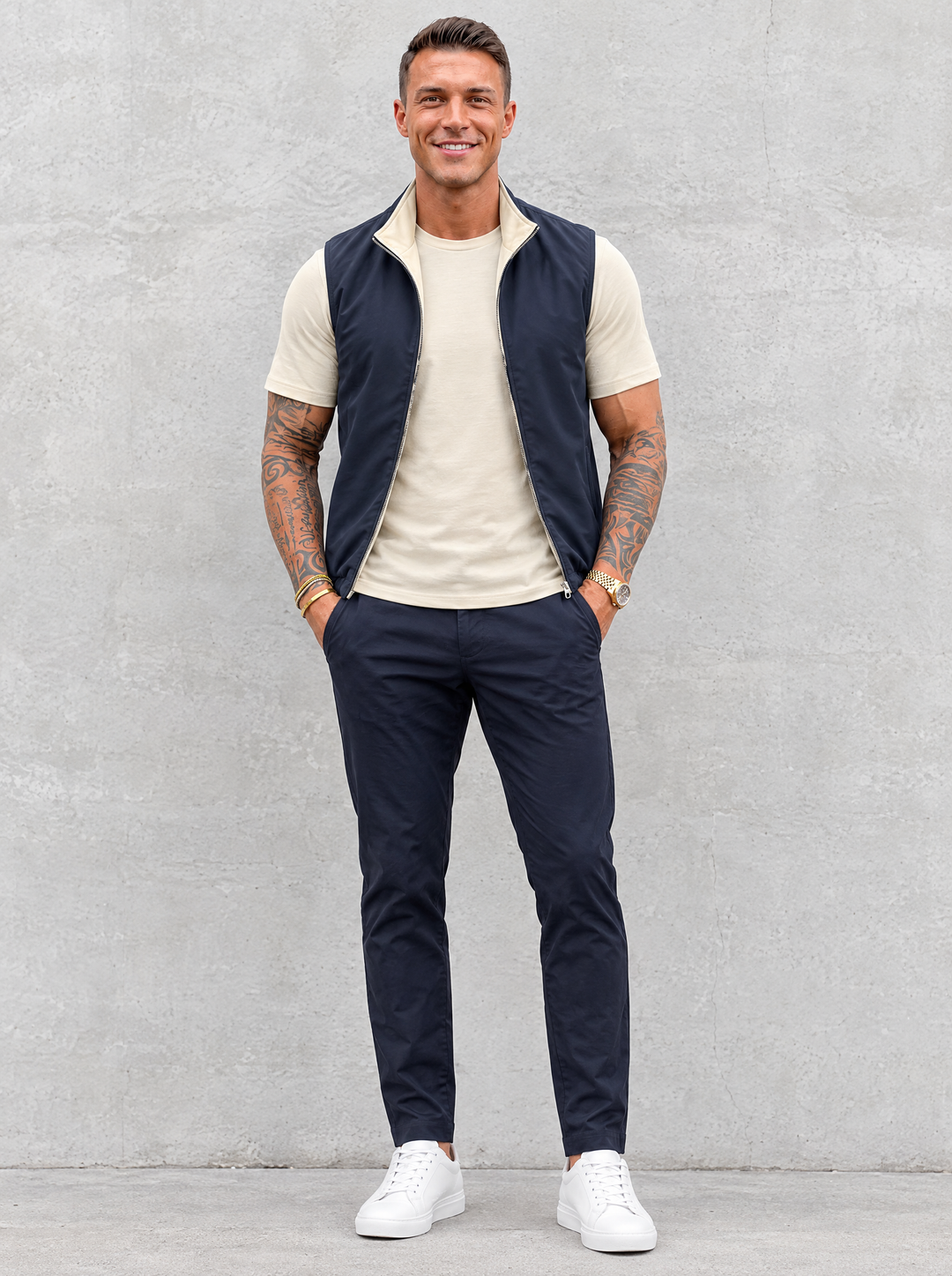 Massimo Gilet Set with T-Shirt - Beige Top & Navy Blue Pants