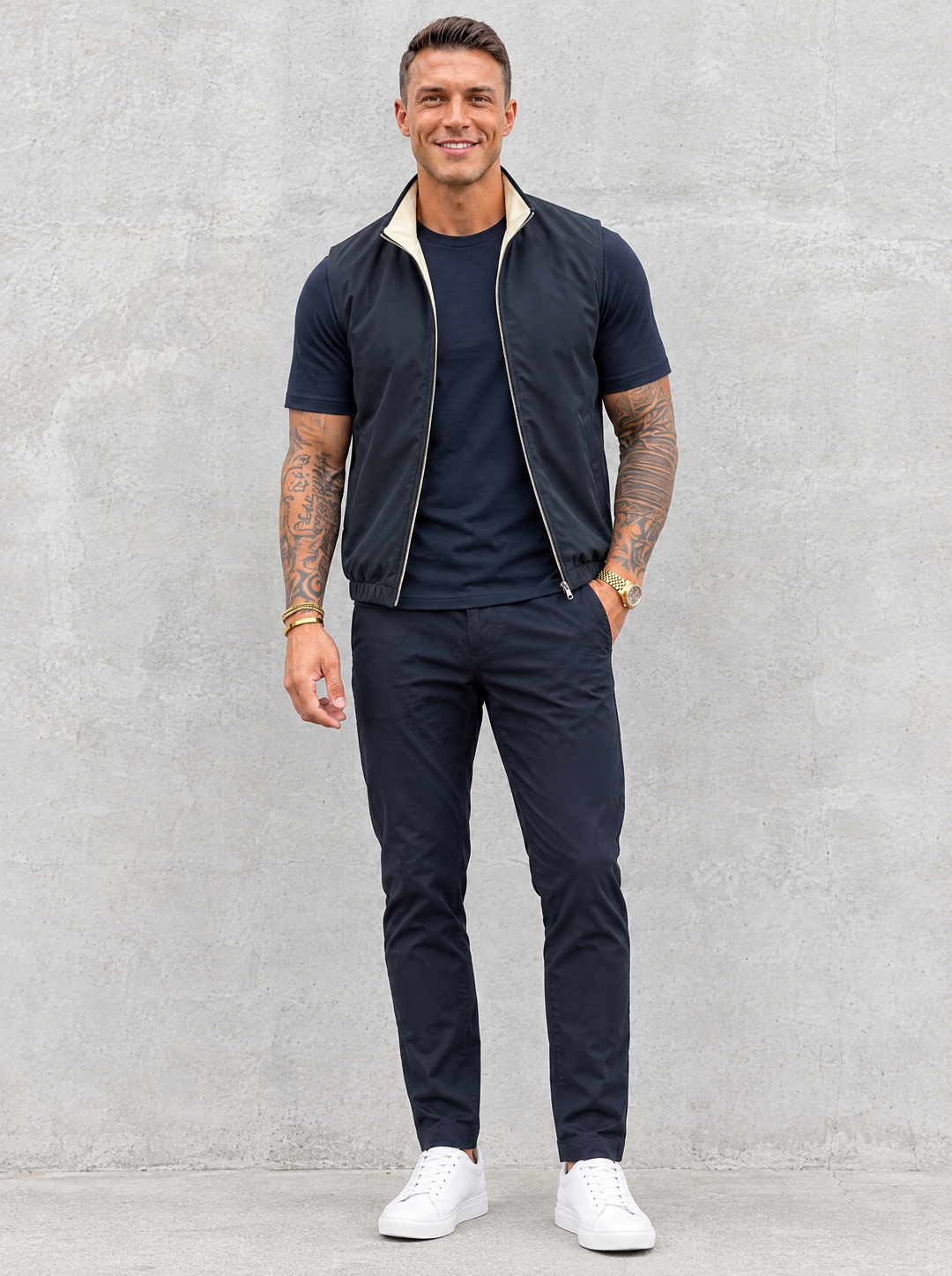 Massimo Gilet Set with T-Shirt - Navy Blue Top & Navy Blue Pants