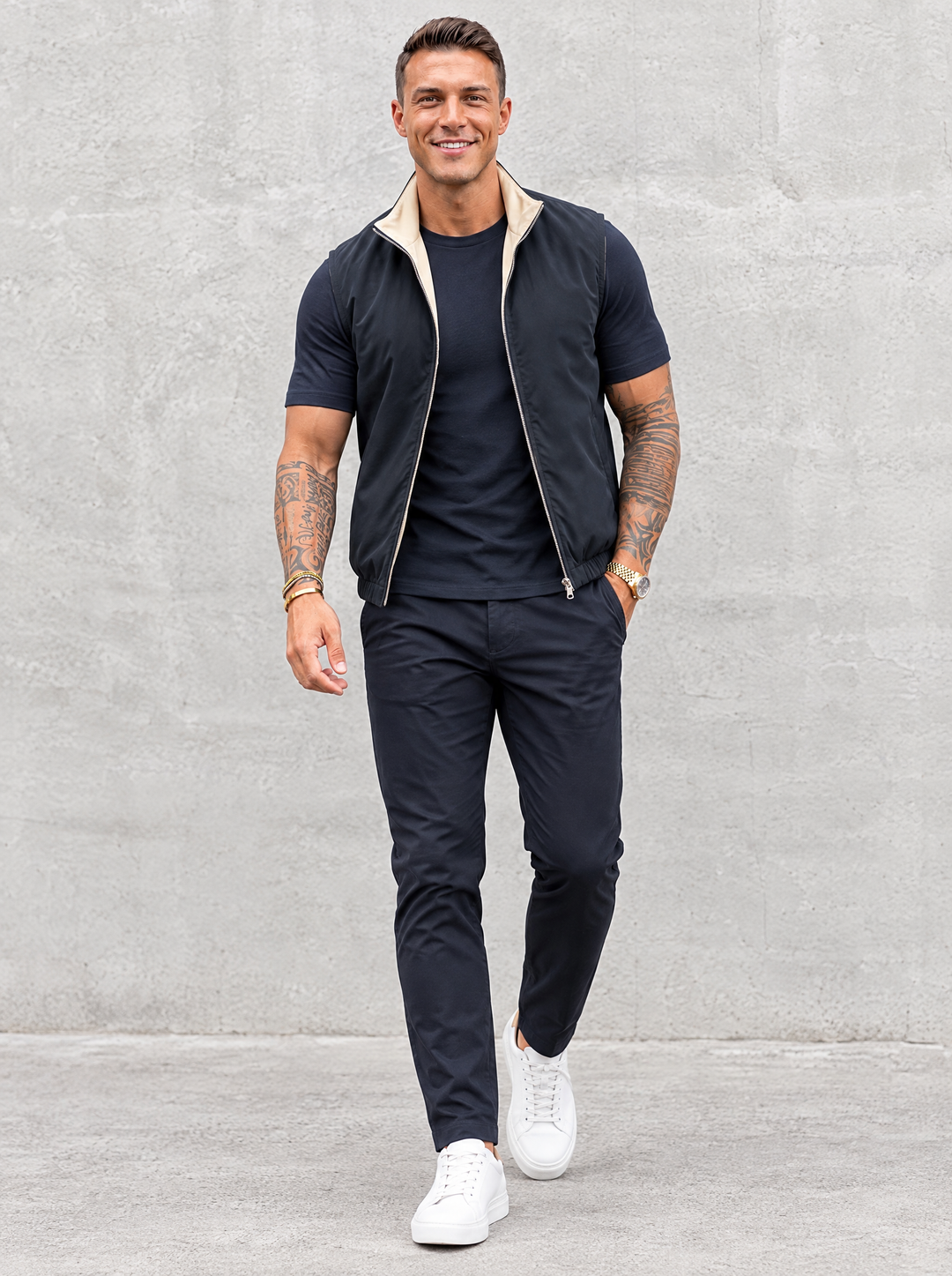 Massimo Gilet Set with T-Shirt - Navy Blue Top & Navy Blue Pants