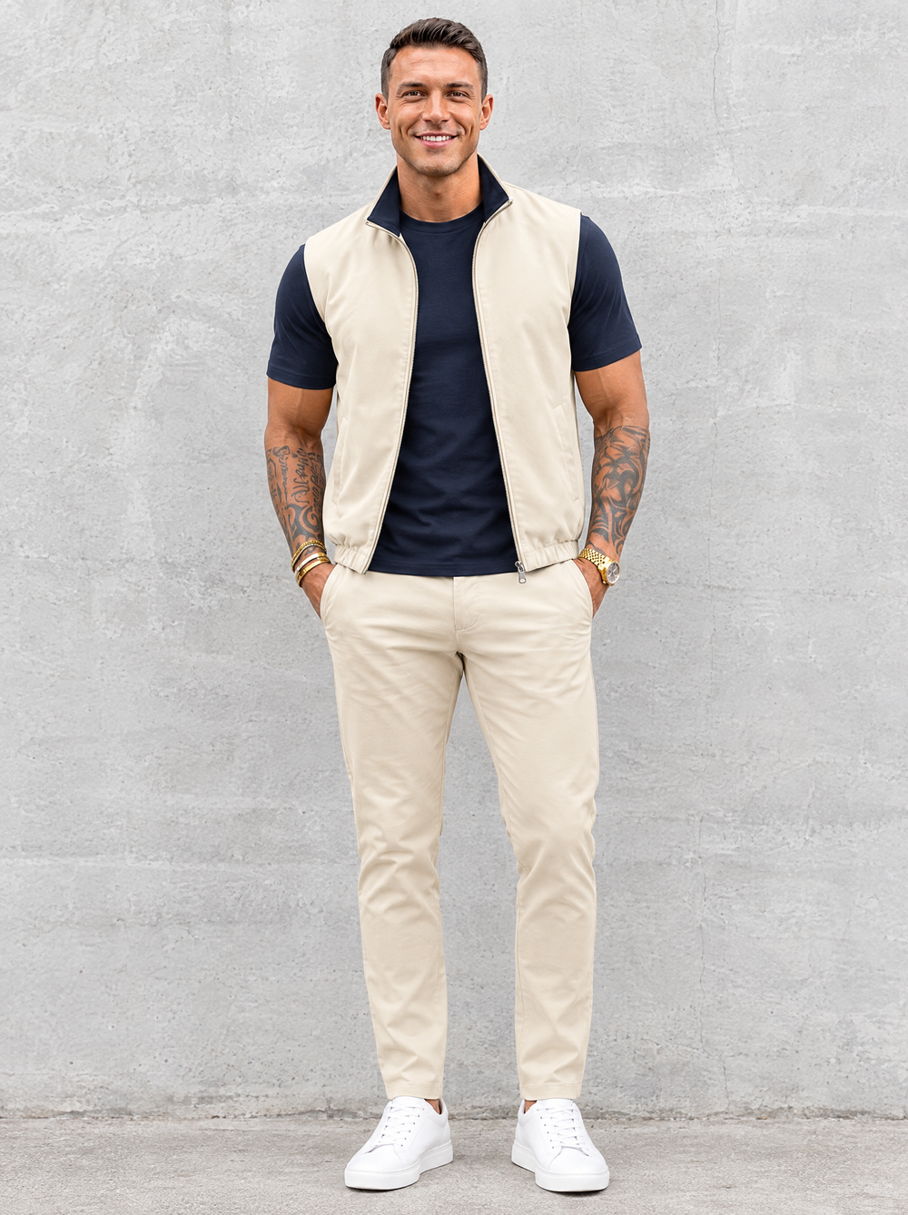 Massimo Gilet Set with T-Shirt - Navy Blue Top & Beige Pants