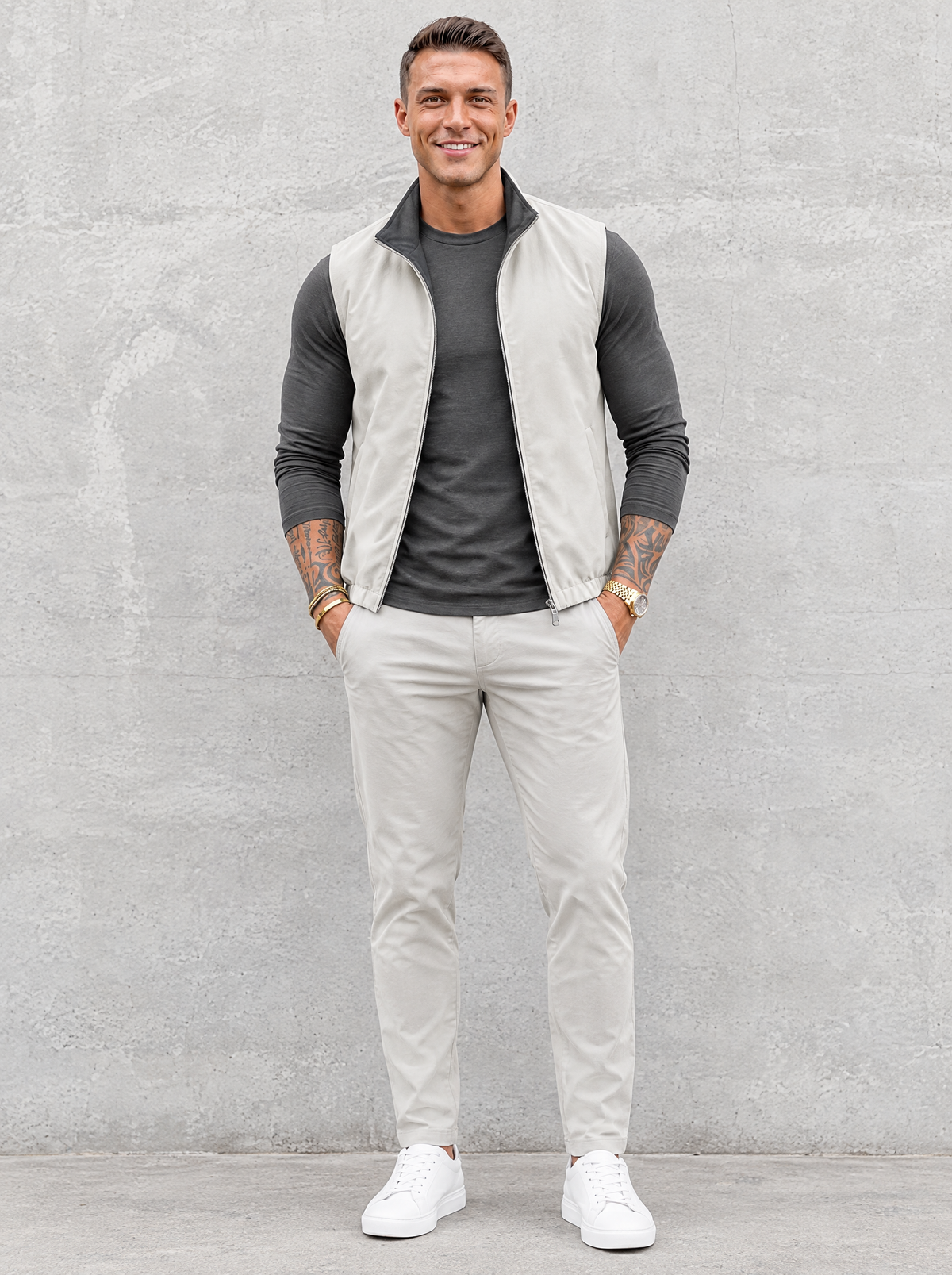 Massimo Gilet Set with Long Sleeve - Dark Grey Top & Light Grey Pants