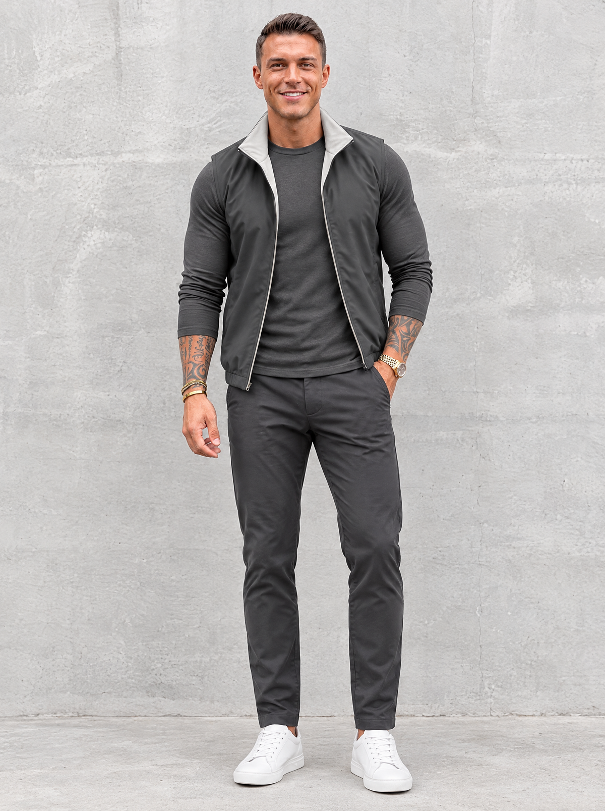Massimo Gilet Set with Long Sleeve - Dark Grey Top & Dark Grey Pants