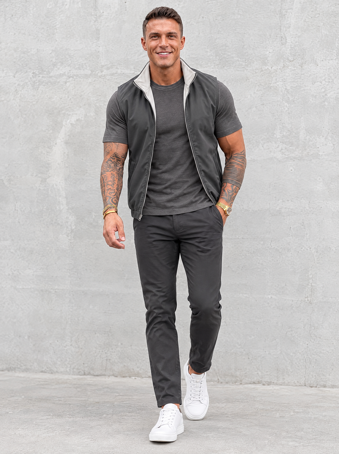 Massimo Gilet Set with T-Shirt - Dark Grey Top & Dark Grey Pants