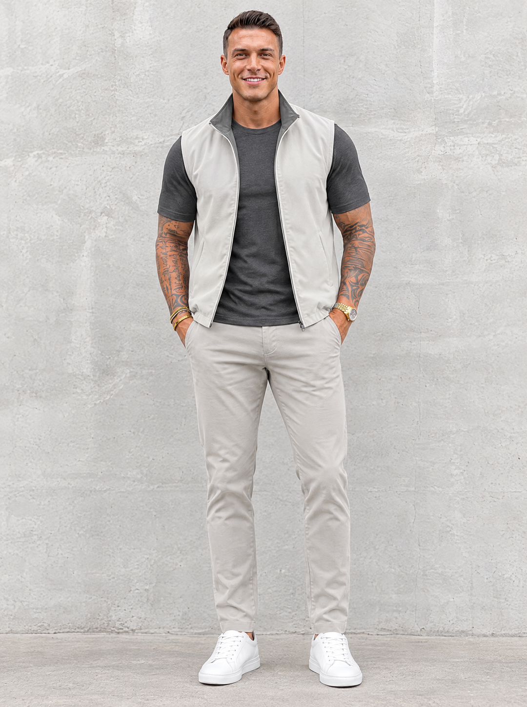 Massimo Gilet Set with T-Shirt - Dark Grey Top & Light Grey Pants