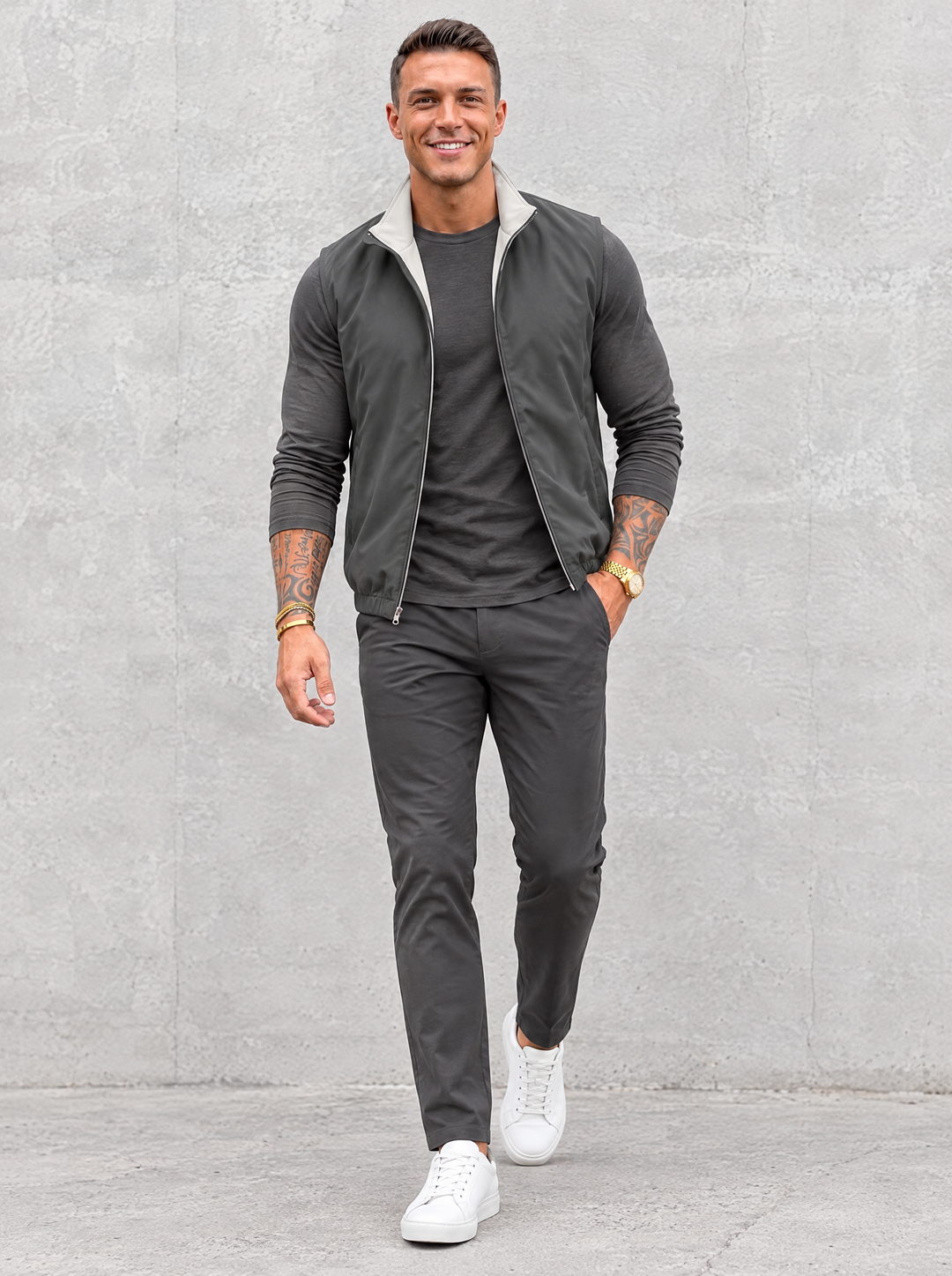 Massimo Gilet Set with Long Sleeve - Dark Grey Top & Dark Grey Pants