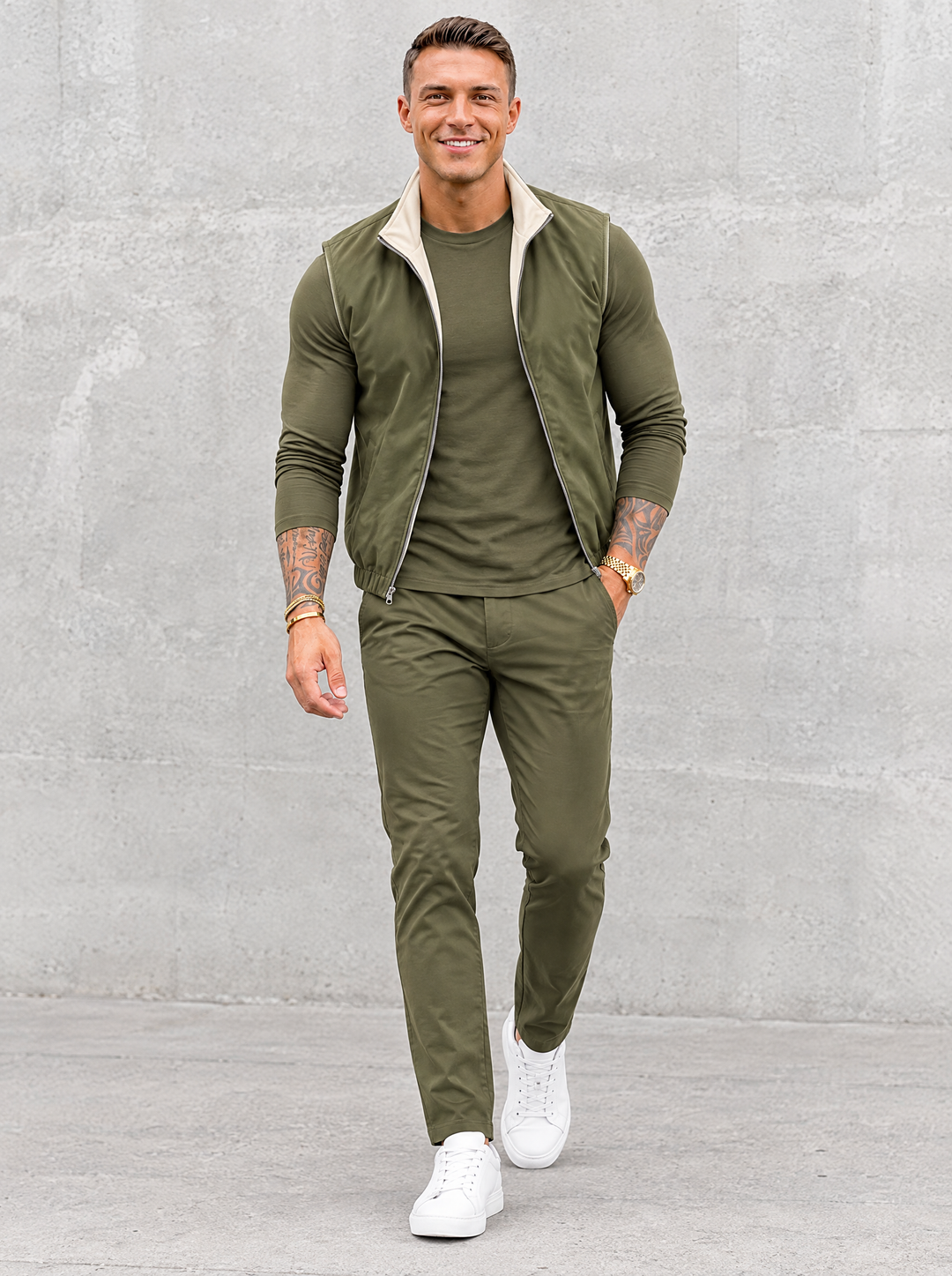 Massimo Gilet Set with Long Sleeve - Olive Green Top & Olive Green Pants