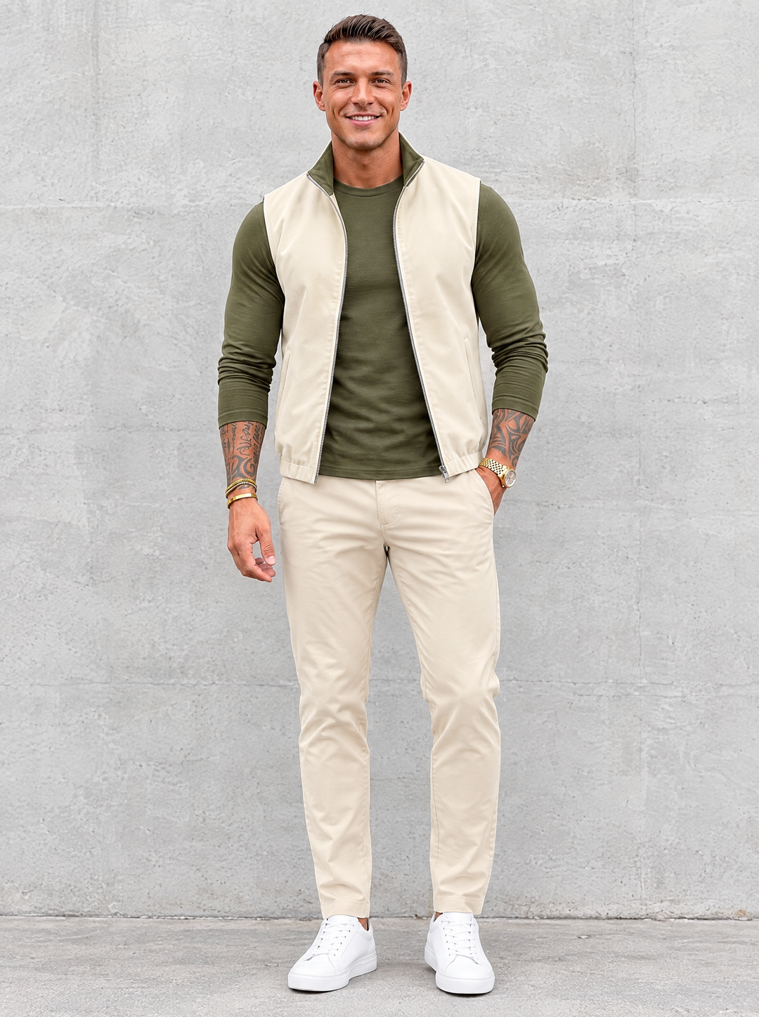 Massimo Gilet Set with Long Sleeve - Olive Green Top & Beige Pants