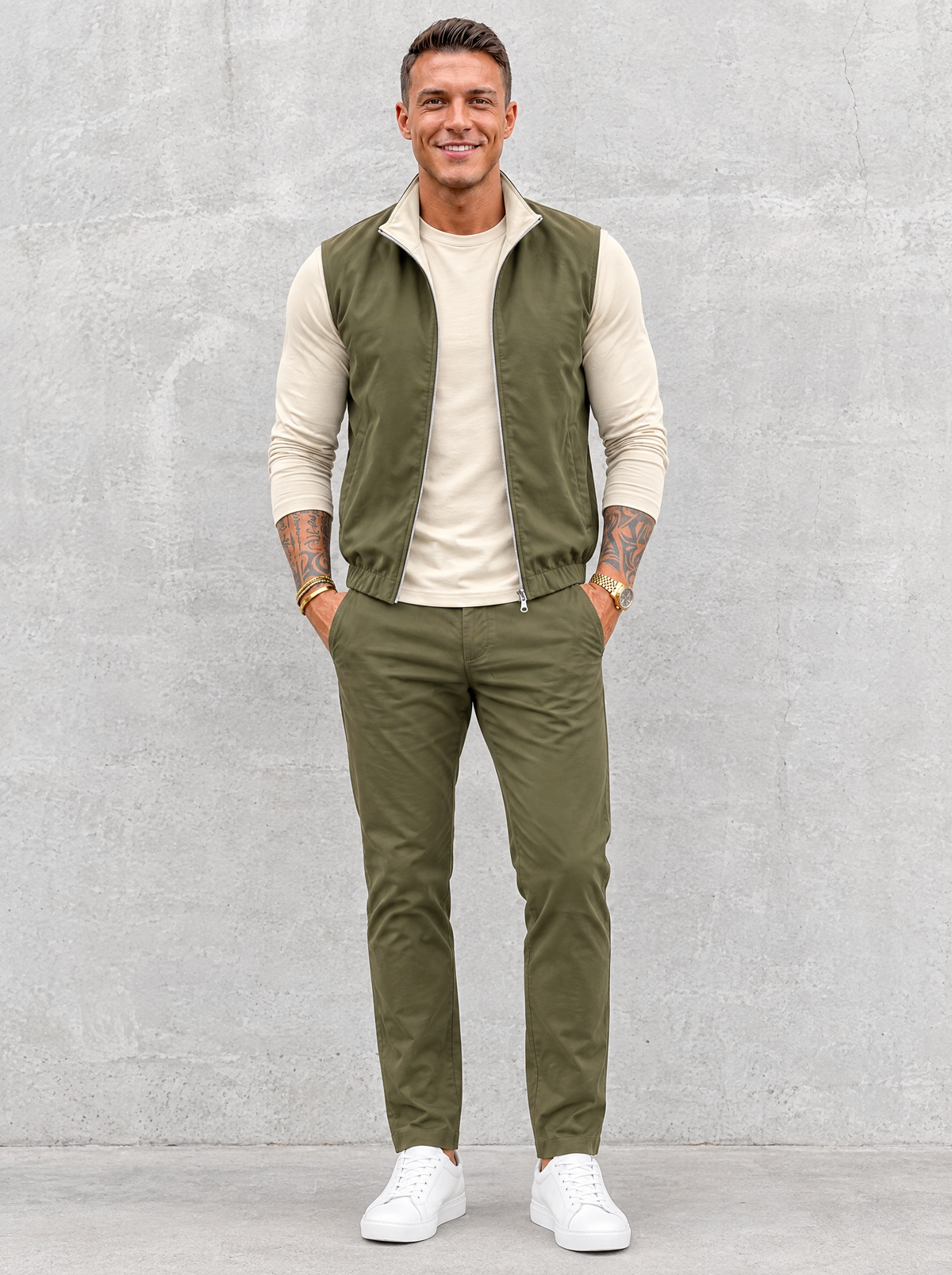 Massimo Gilet Set with Long Sleeve - Beige Top & Olive Green Pants