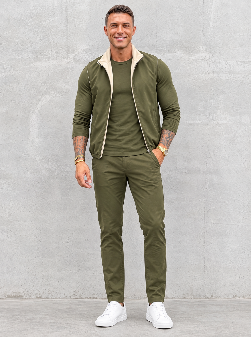 Massimo Gilet Set with Long Sleeve - Olive Green Top & Olive Green Pants