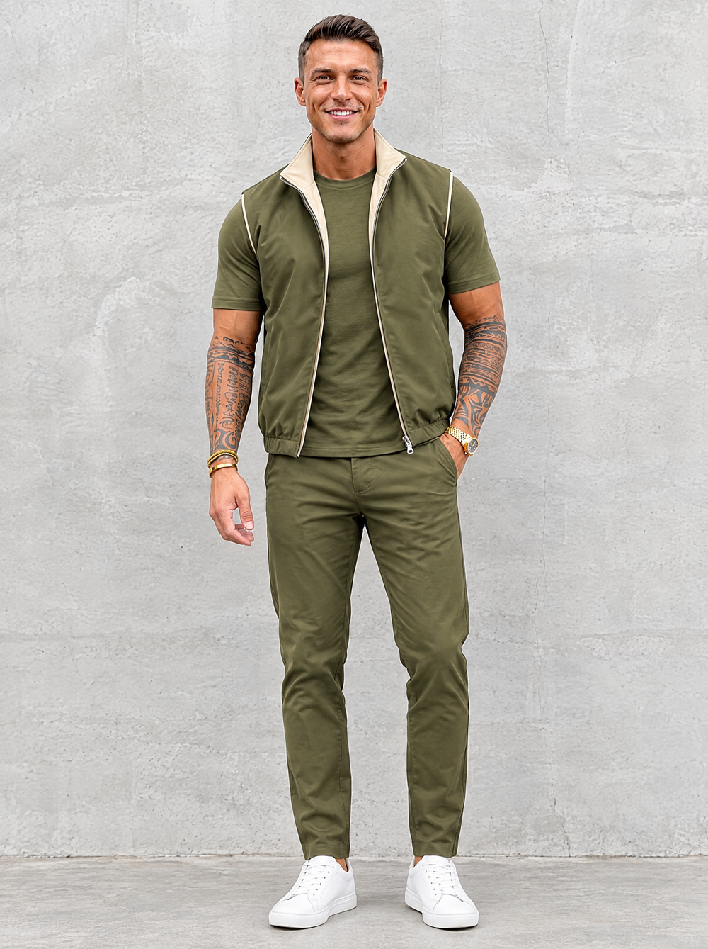 Massimo Gilet Set with T-Shirt - Olive Green Top & Olive Green Pants