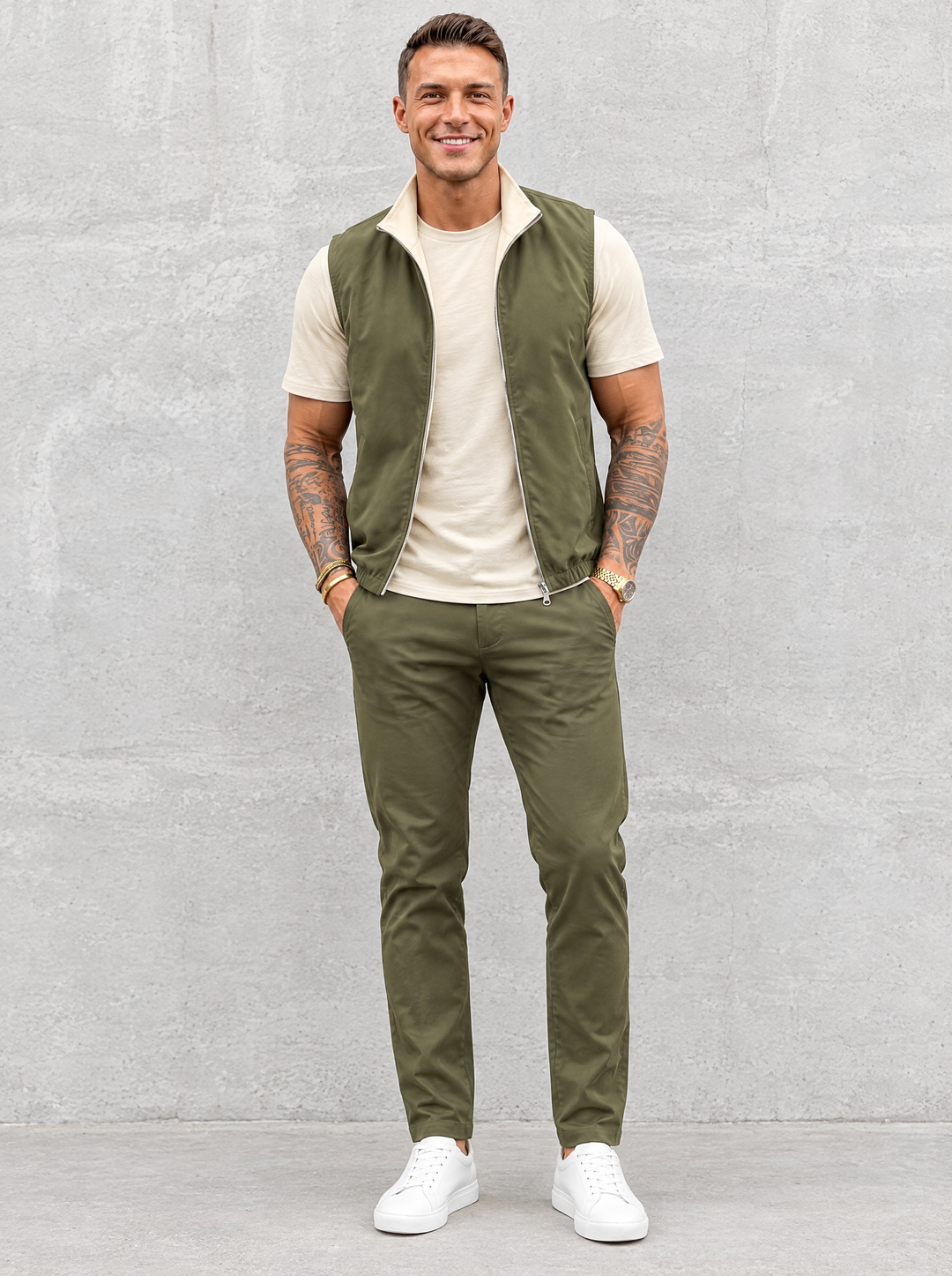 Massimo Gilet Set with T-Shirt - Beige Top & Olive Green Pants