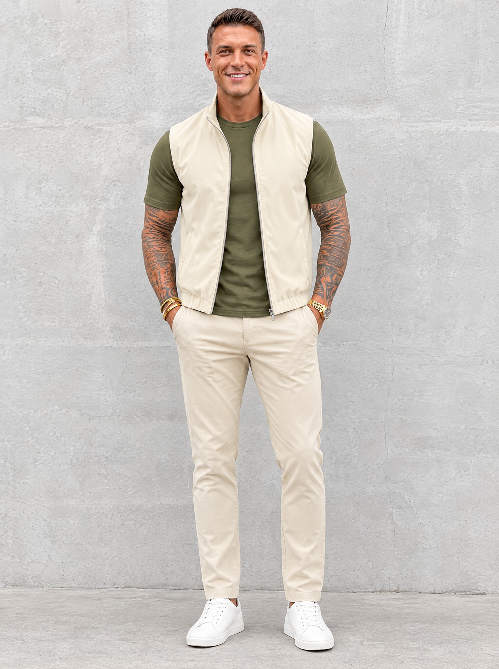 Massimo Gilet Set with T-Shirt - Olive Green Top & Beige Pants