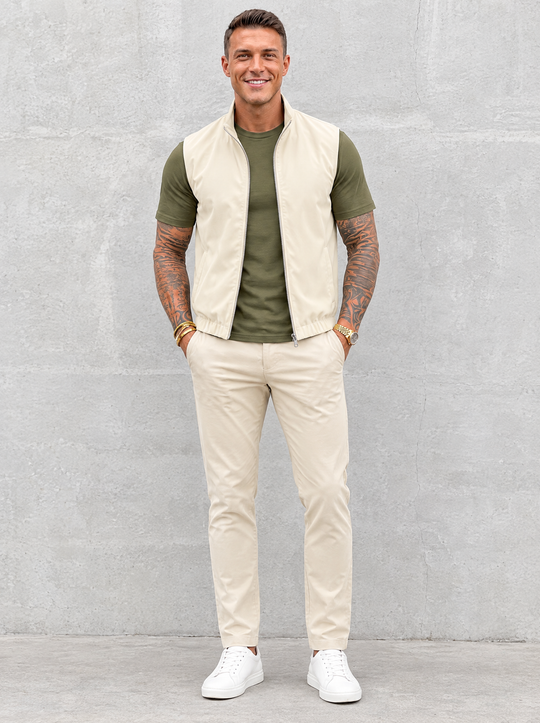 Massimo Gilet Set with T-Shirt - Olive Green Top & Beige Pants