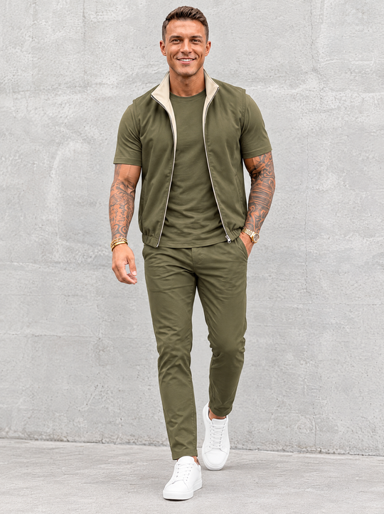 Massimo Gilet Set with T-Shirt - Olive Green Top & Olive Green Pants