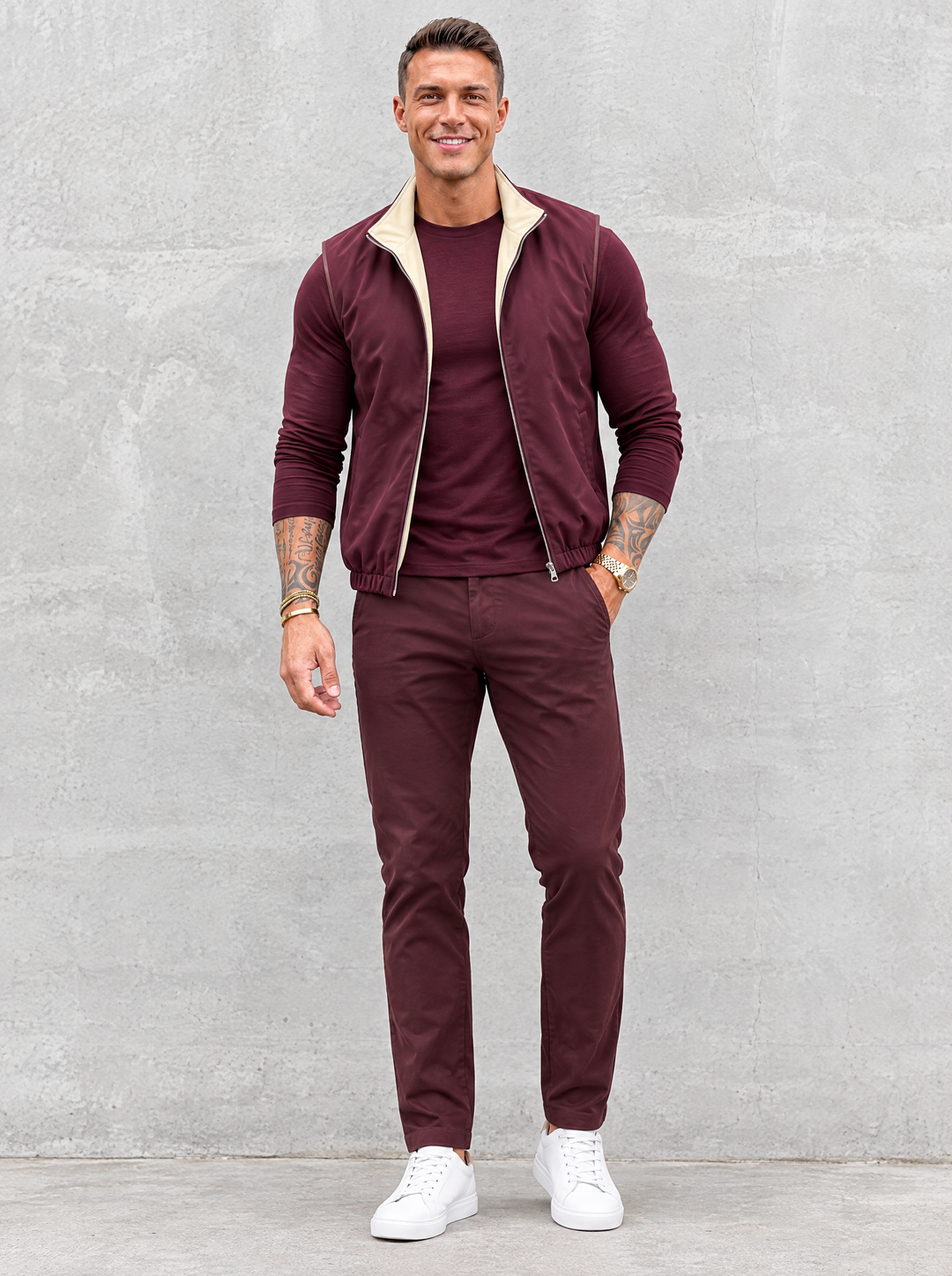 Massimo Gilet Set with Long Sleeve - Burgundy Top & Burgundy Pants