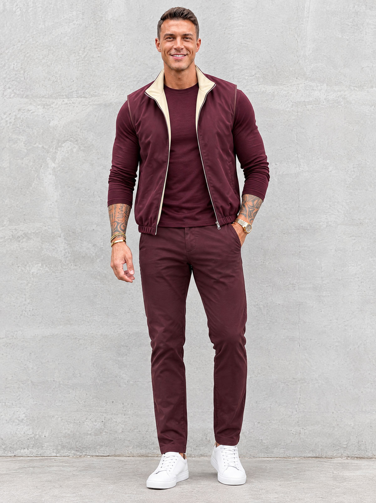 Massimo Gilet Set with Long Sleeve - Burgundy Top & Burgundy Pants
