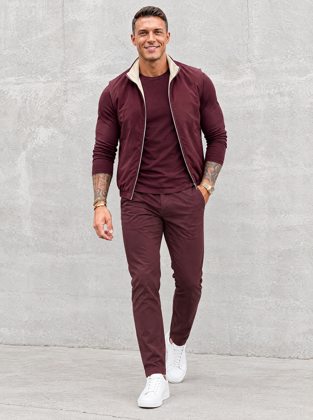 Massimo Gilet Set with Long Sleeve - Burgundy Top & Burgundy Pants