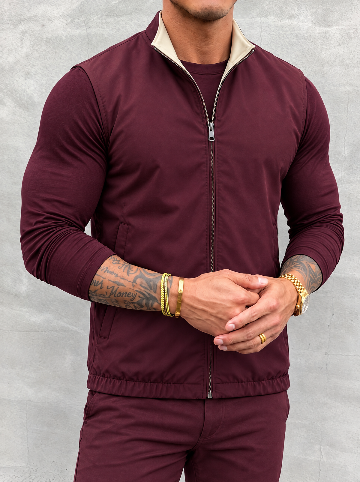 Massimo Gilet Set with Long Sleeve - Burgundy Top & Burgundy Pants