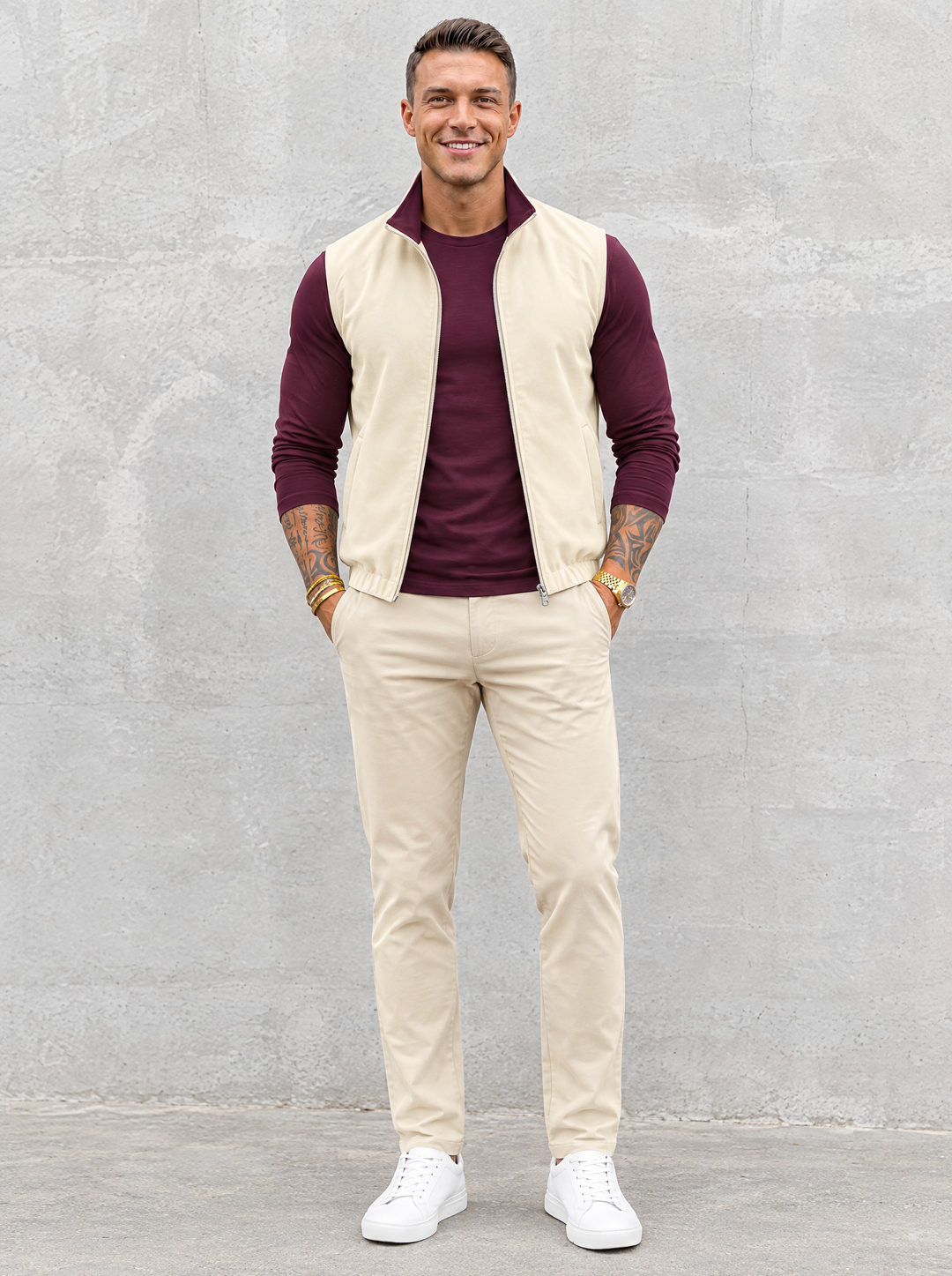 Massimo Gilet Set with Long Sleeve - Burgundy Top & Beige Pants