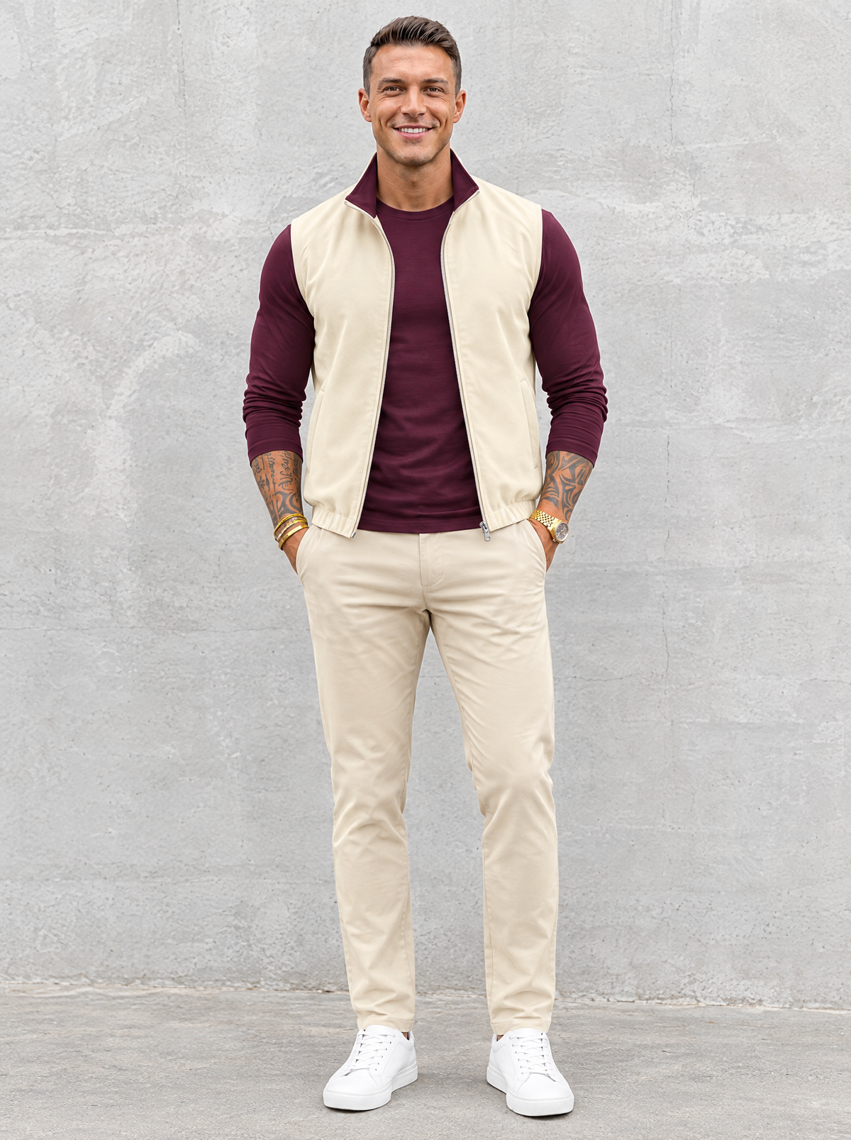 Massimo Gilet Set with Long Sleeve - Burgundy Top & Beige Pants