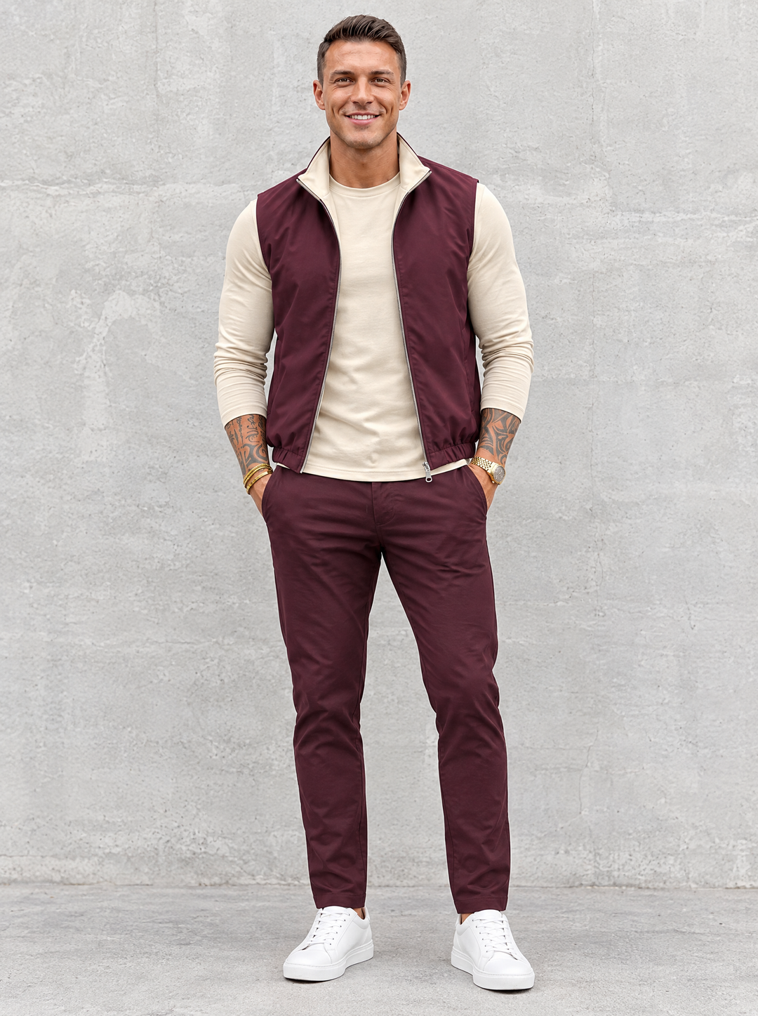 Massimo Gilet Set with Long Sleeve - Beige Top & Burgundy Pants