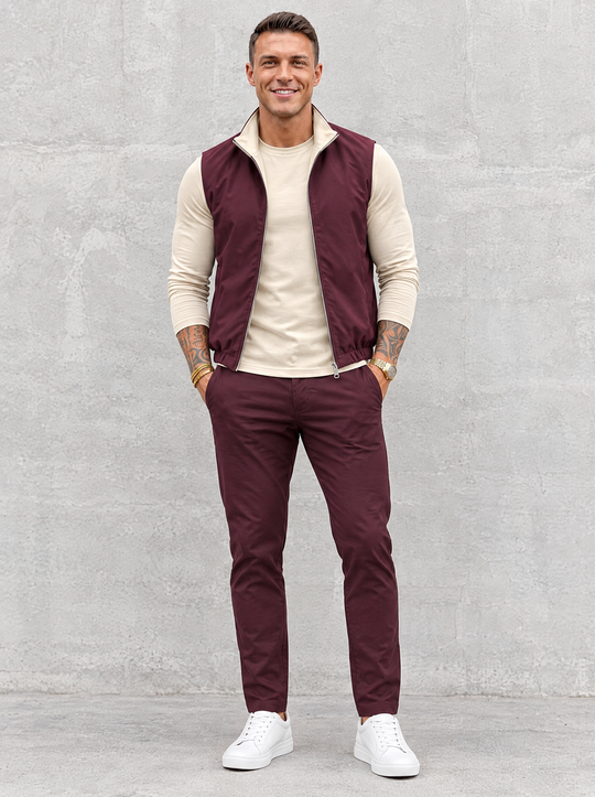 Massimo Gilet Set with Long Sleeve - Beige Top & Burgundy Pants