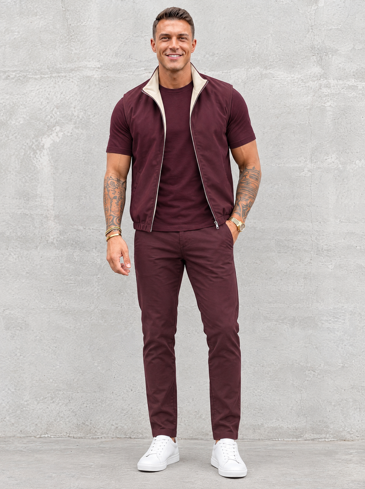 Massimo Gilet Set with T-Shirt - Burgundy Top & Burgundy Pants