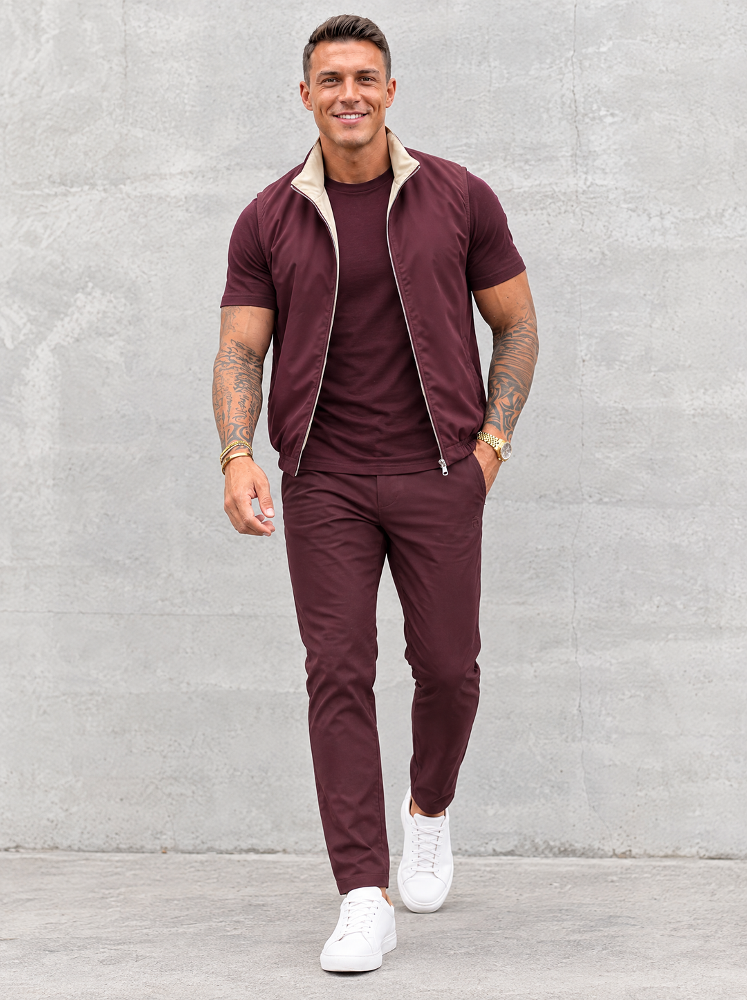 Massimo Gilet Set with T-Shirt - Burgundy Top & Burgundy Pants
