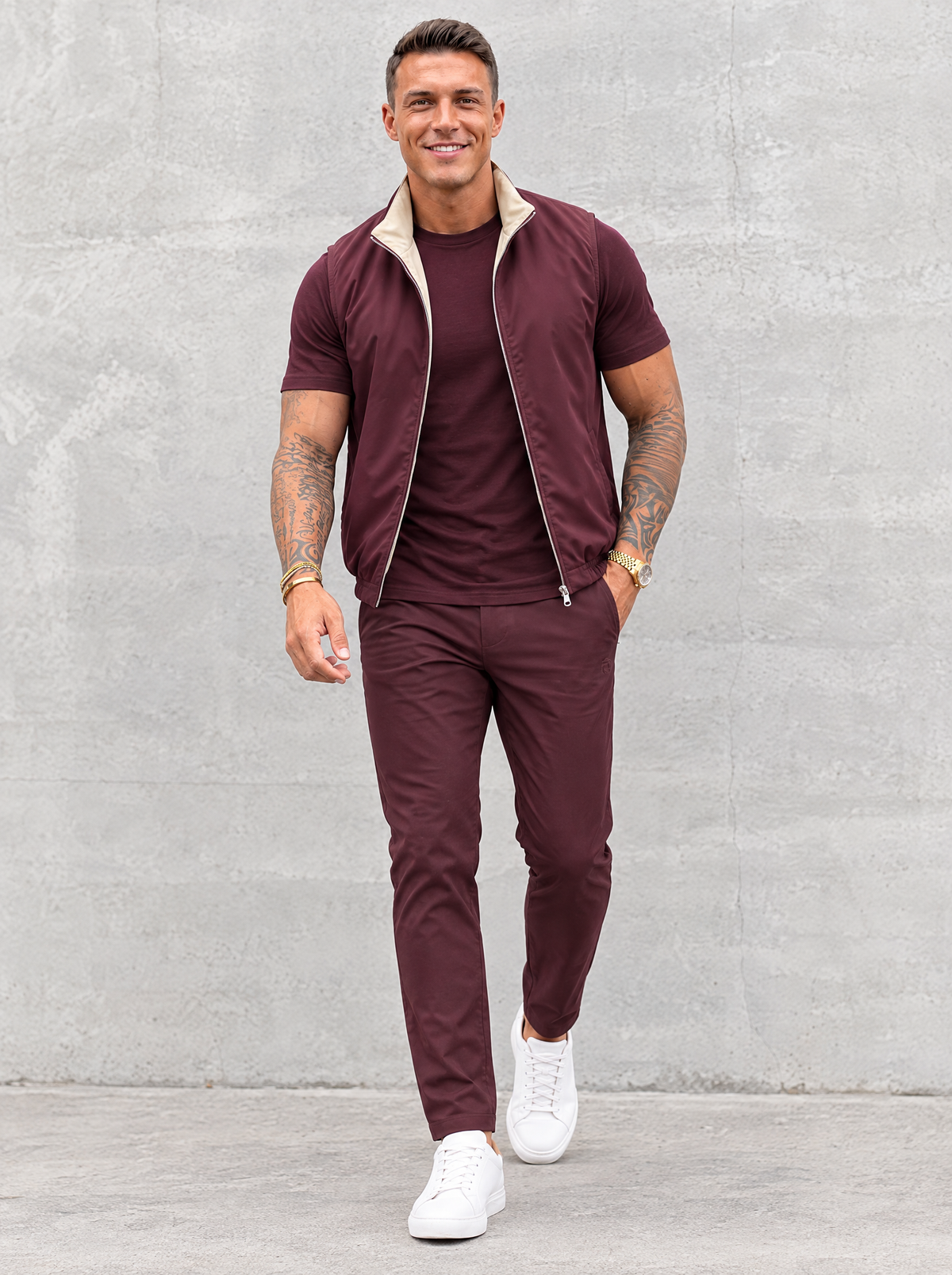 Massimo Gilet Set with T-Shirt - Burgundy Top & Burgundy Pants