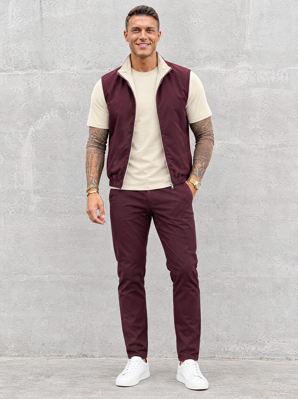 Massimo Gilet Set with T-Shirt - Beige Top & Burgundy Pants