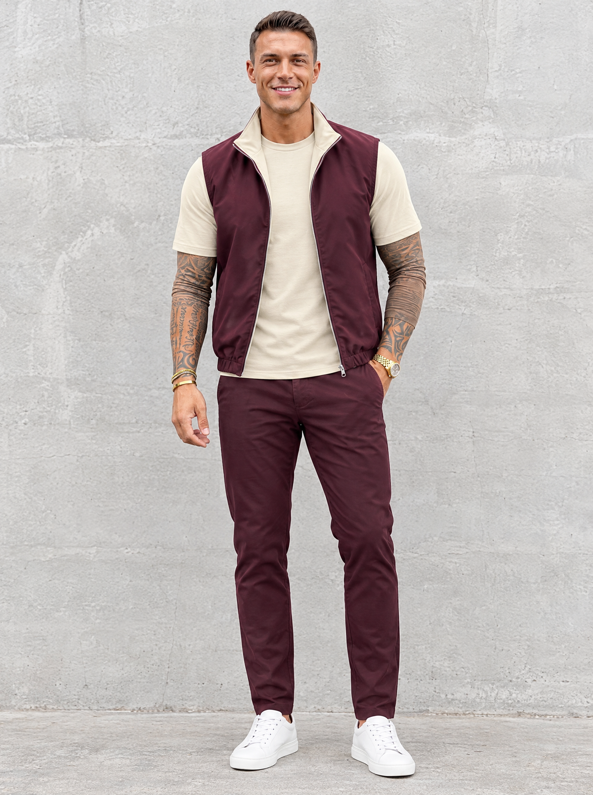 Massimo Gilet Set with T-Shirt - Beige Top & Burgundy Pants