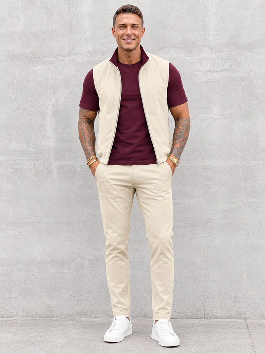 Massimo Gilet Set with T-Shirt - Burgundy Top & Beige Pants
