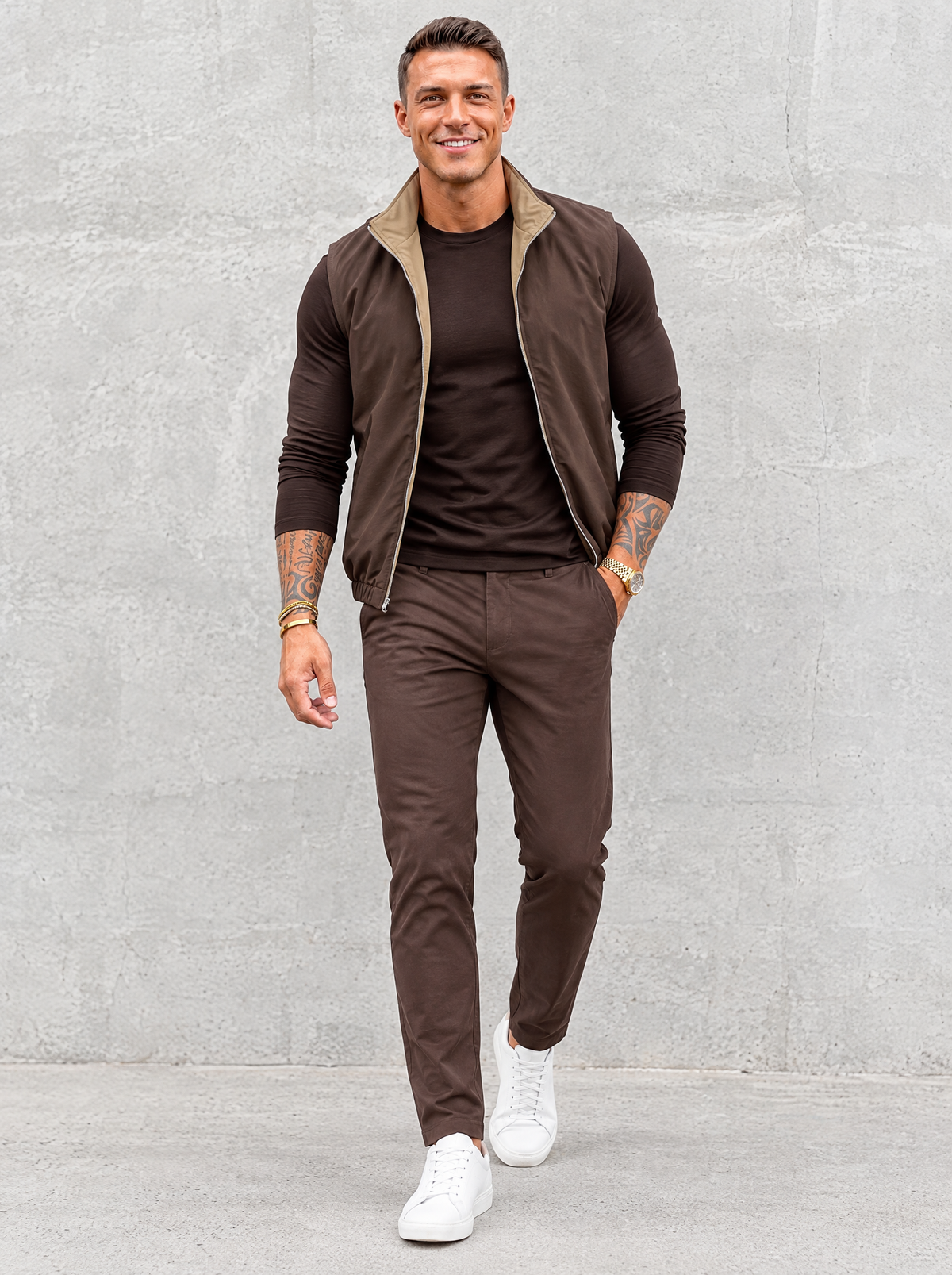 Massimo Gilet Set with Long Sleeve - Dark Brown Top & Brown Pants