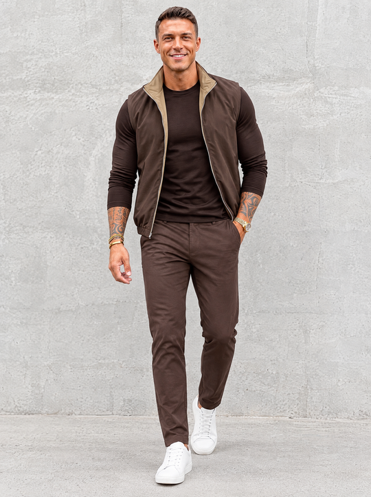 Massimo Gilet Set with Long Sleeve - Dark Brown Top & Brown Pants