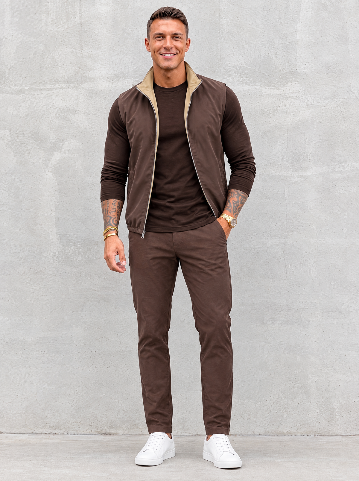 Massimo Gilet Set with Long Sleeve - Dark Brown Top & Brown Pants