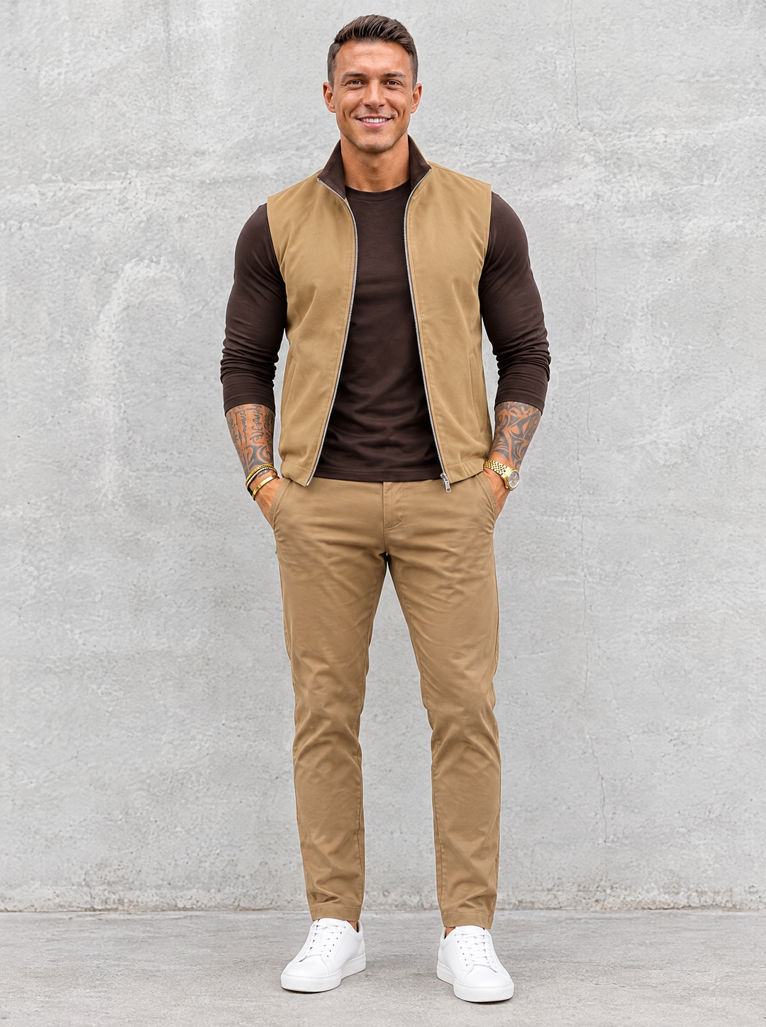 Massimo Gilet Set with Long Sleeve - Dark Brown Top & Khaki Pants
