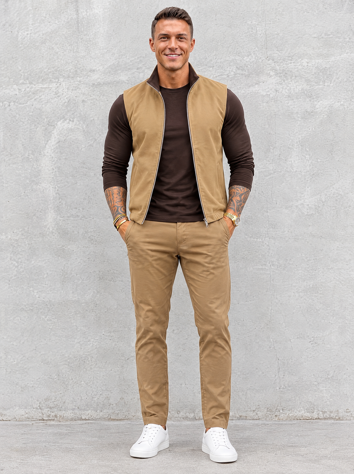 Massimo Gilet Set with Long Sleeve - Dark Brown Top & Khaki Pants