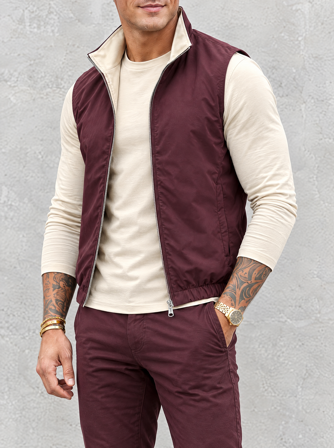 Massimo Gilet Set with Long Sleeve - Beige Top & Burgundy Pants