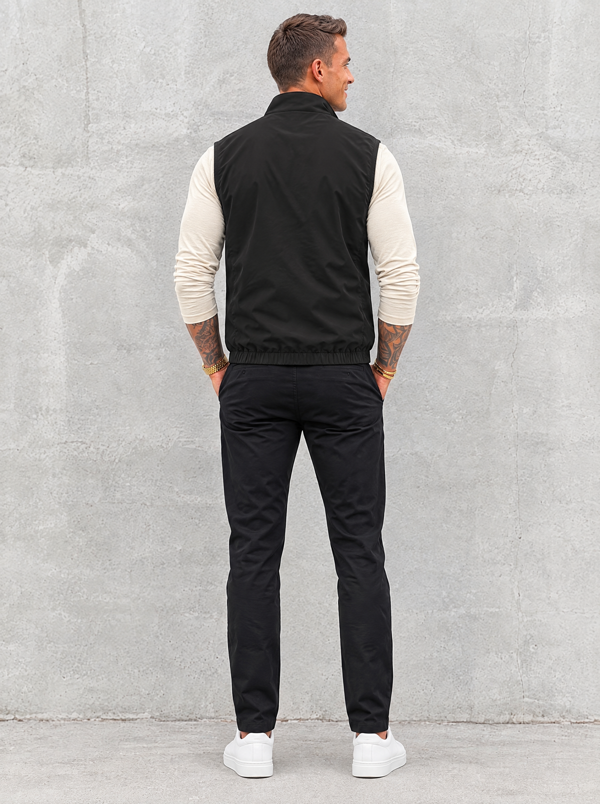 Massimo Gilet Set with Long Sleeve - Beige Top & Black Pants