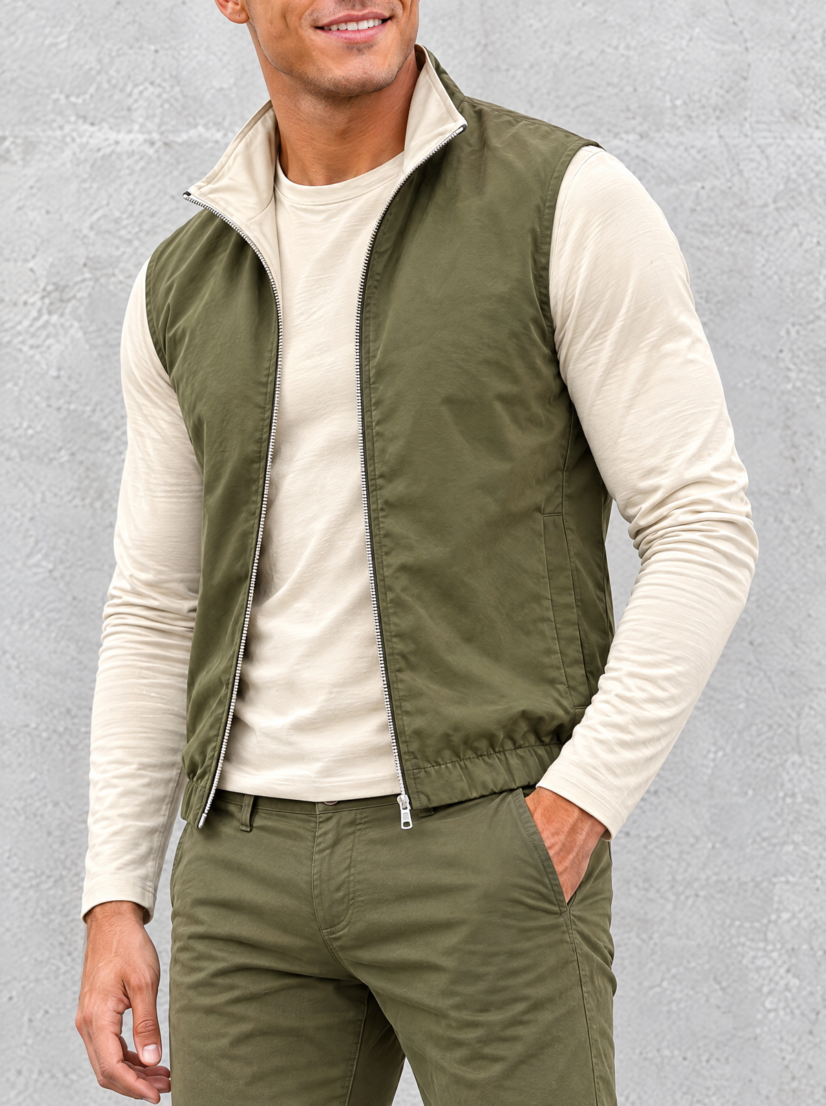 Massimo Gilet Set with Long Sleeve - Beige Top & Olive Green Pants