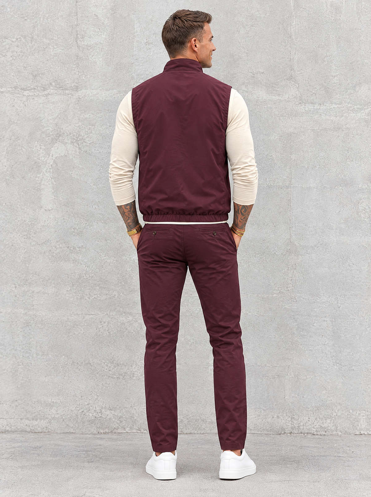 Massimo Gilet Set with Long Sleeve - Beige Top & Burgundy Pants