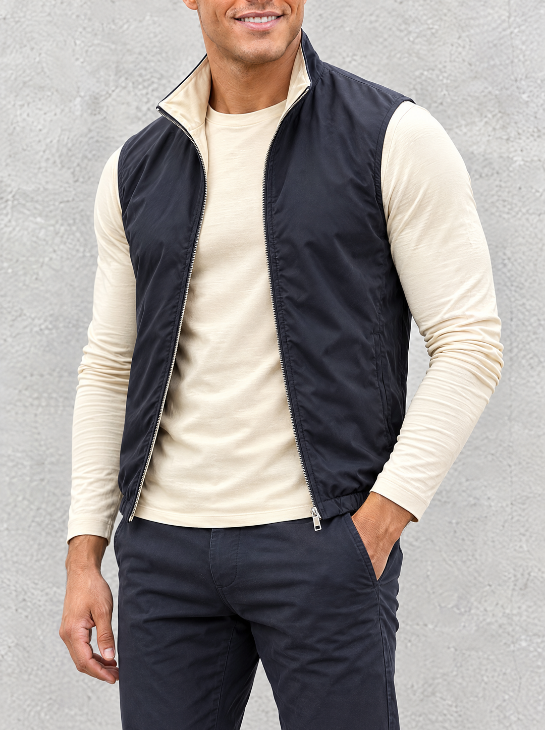 Massimo Gilet Set with Long Sleeve - Beige Top & Navy Blue Pants
