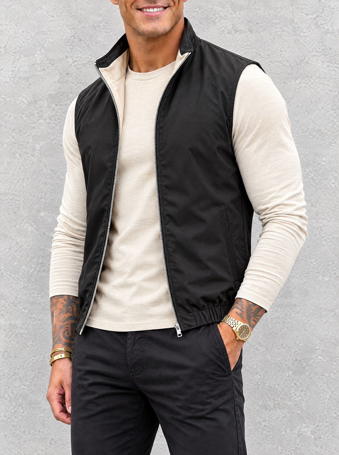 Massimo Gilet Set with Long Sleeve - Beige Top & Black Pants